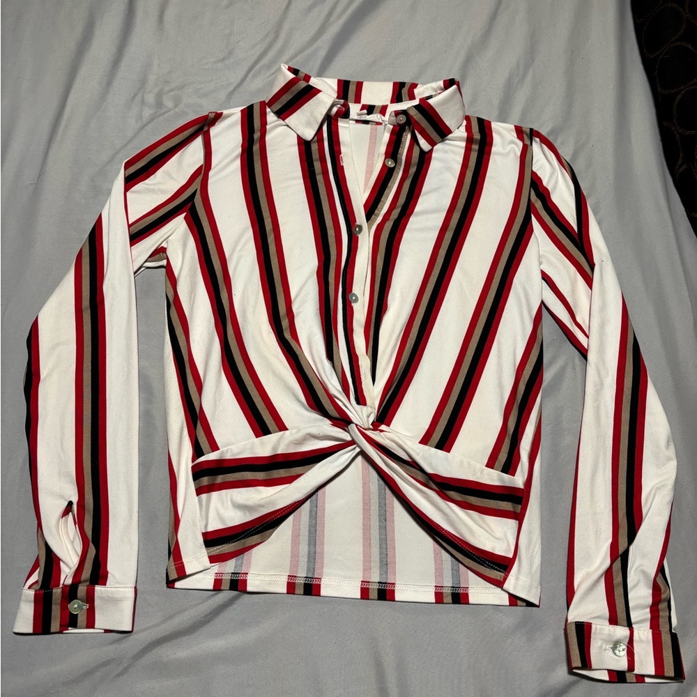 Striped Button-Up Twist Front Top